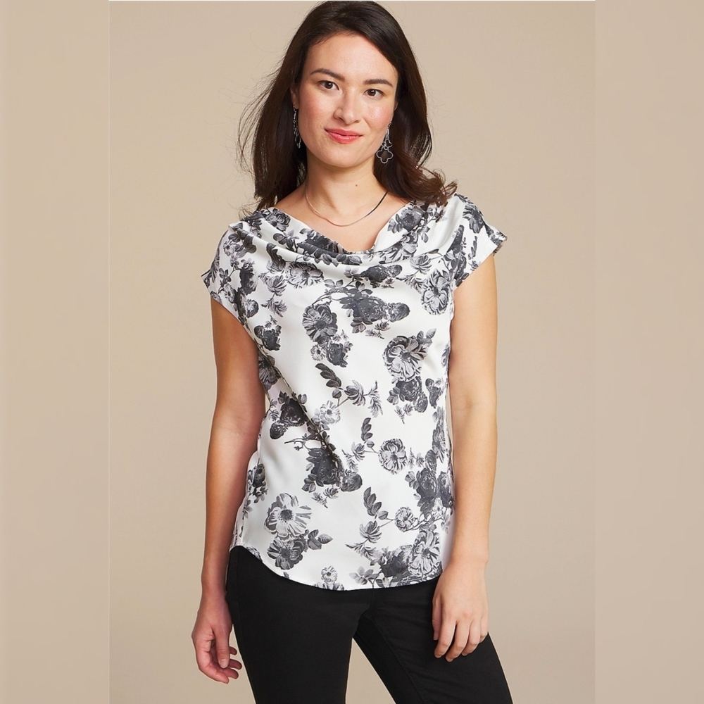 Maurices White Black Floral Blouse Cowl Neck Satin Size XL